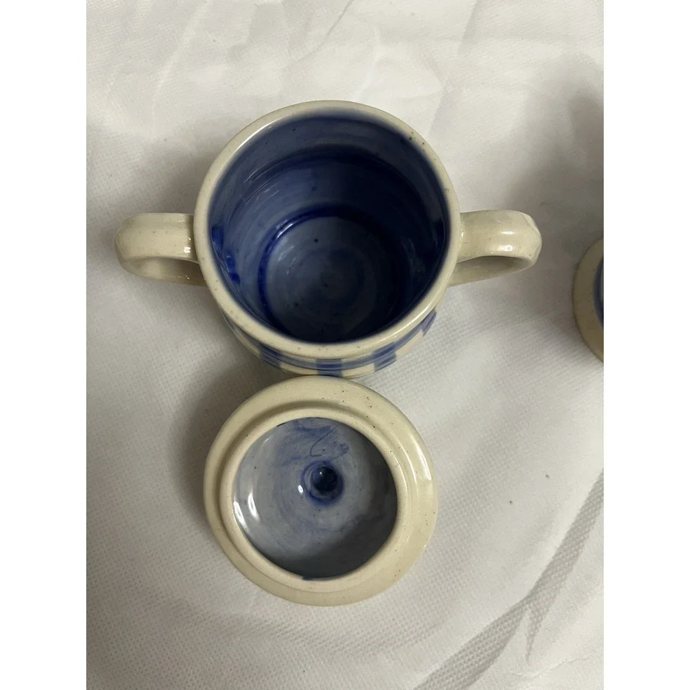 Vtg Cottagecore Blue Gingham Stoneware Cream Sugar Country Farmhouse Decor